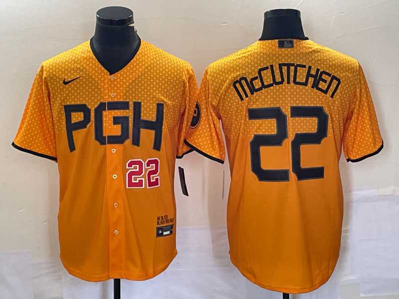 Mens Pittsburgh Pirates #22 Andrew McCutchen Number Gold 2023 City Connect Stitched Jersey 2